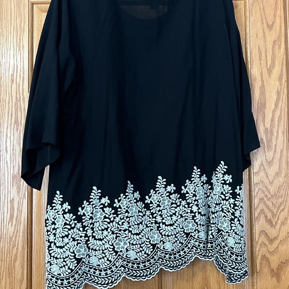 Karen Kane Black Blouse with White Embroidery